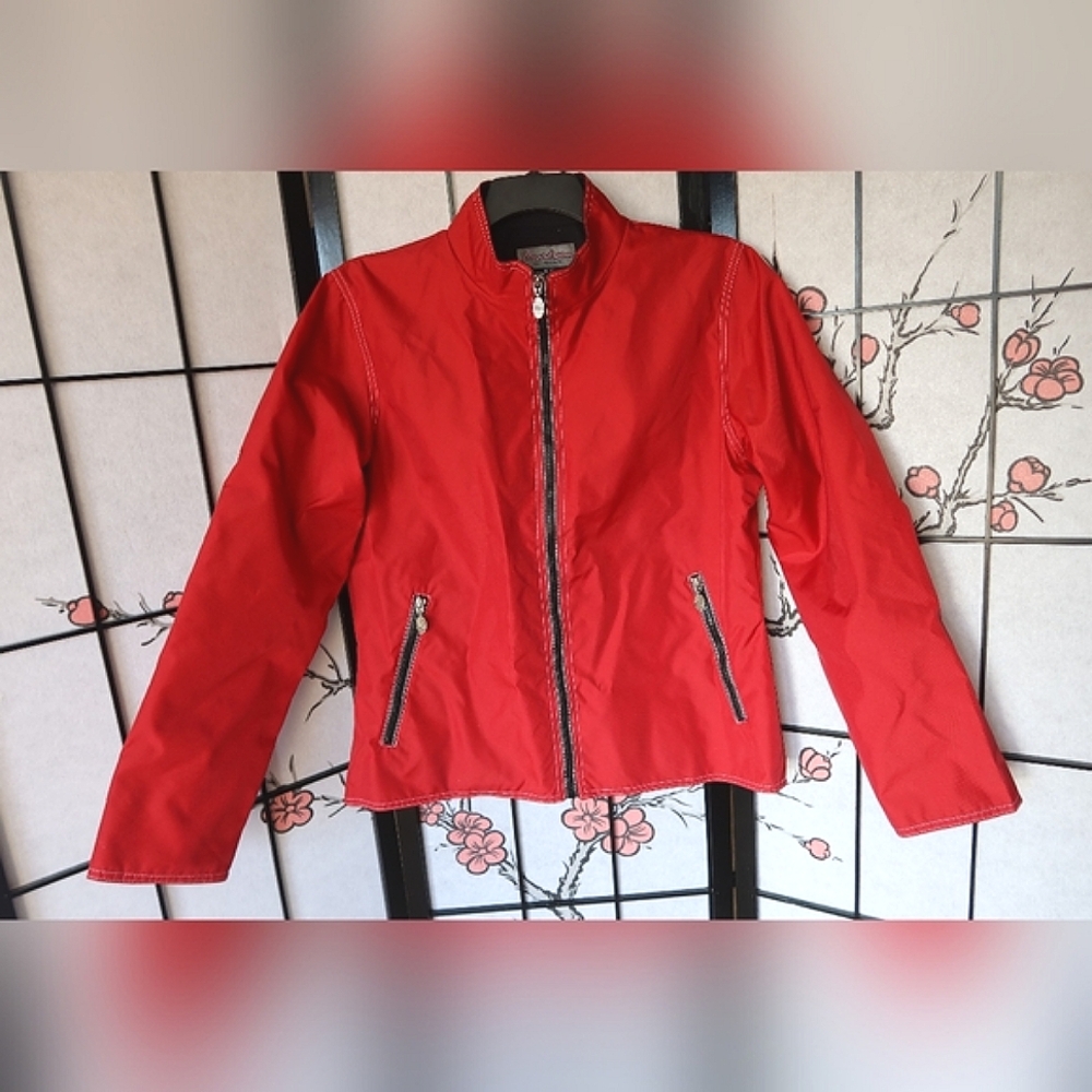 Boardroom Cherry Red Bomber Jacket with Stand-Up Collar Size XL